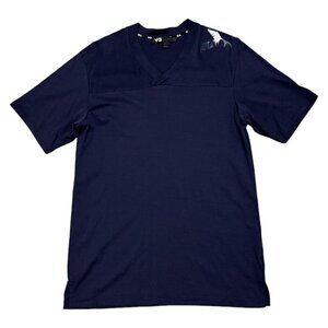 Y-3 Adidas Yohji Yamamoto Luxury Designer Streetwear V-Neck Blue Tee Shirt Small